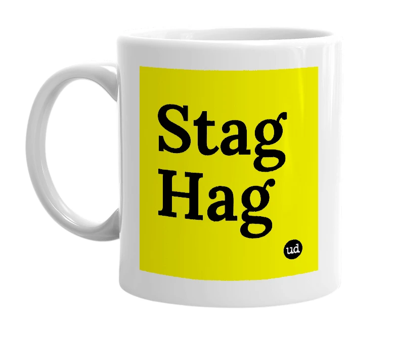 White mug with 'Stag Hag' in bold black letters