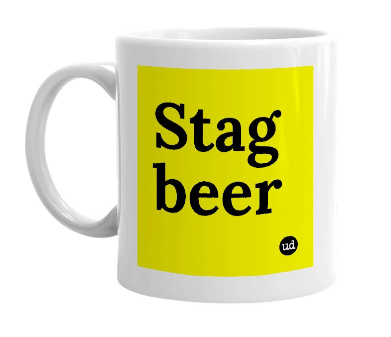 White mug with 'Stag beer' in bold black letters