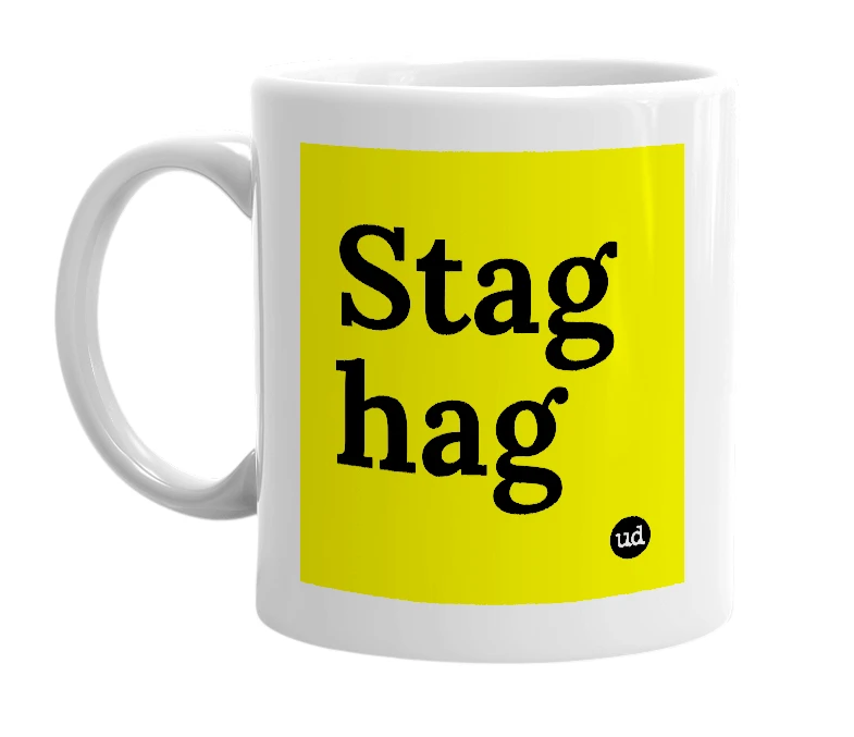 White mug with 'Stag hag' in bold black letters