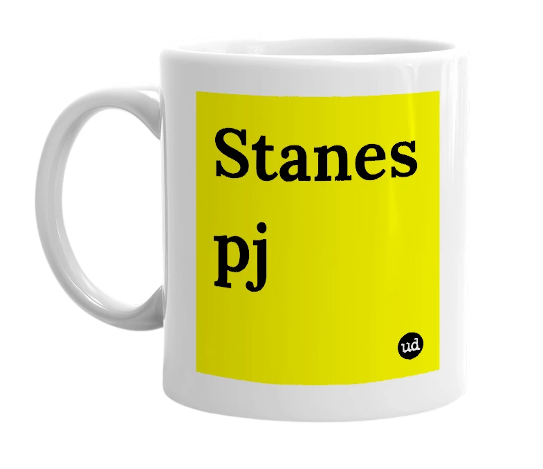White mug with 'Stanes pj' in bold black letters