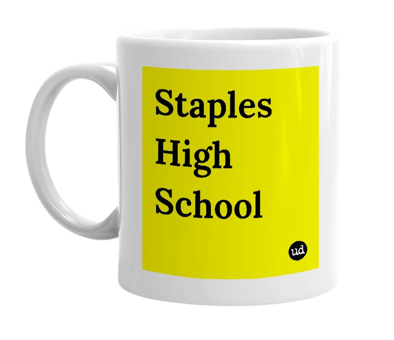 White mug with 'Staples High School' in bold black letters
