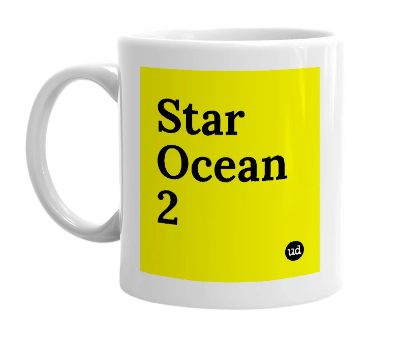 White mug with 'Star Ocean 2' in bold black letters