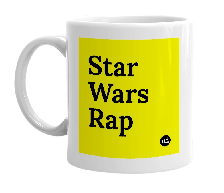 White mug with 'Star Wars Rap' in bold black letters