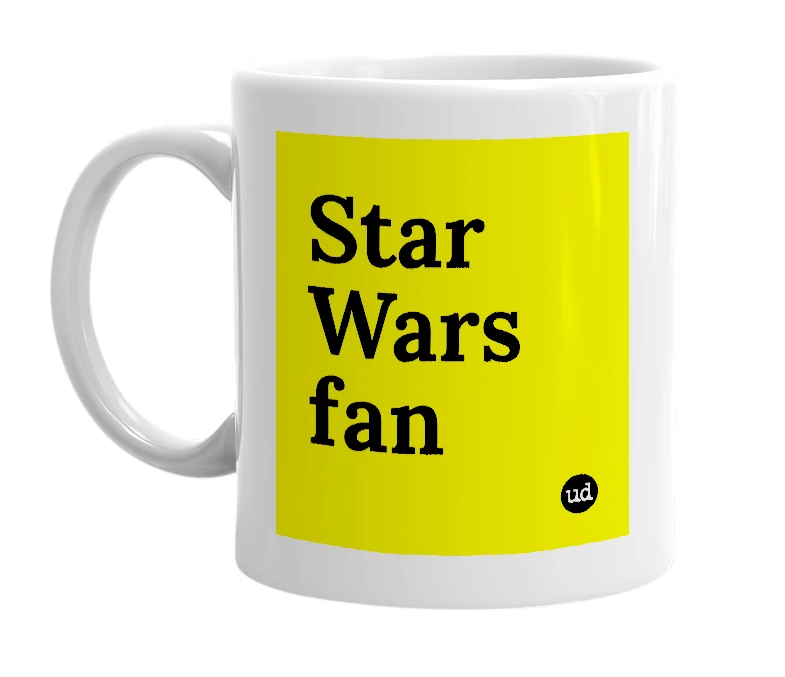 White mug with 'Star Wars fan' in bold black letters