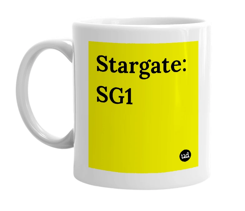 White mug with 'Stargate: SG1' in bold black letters