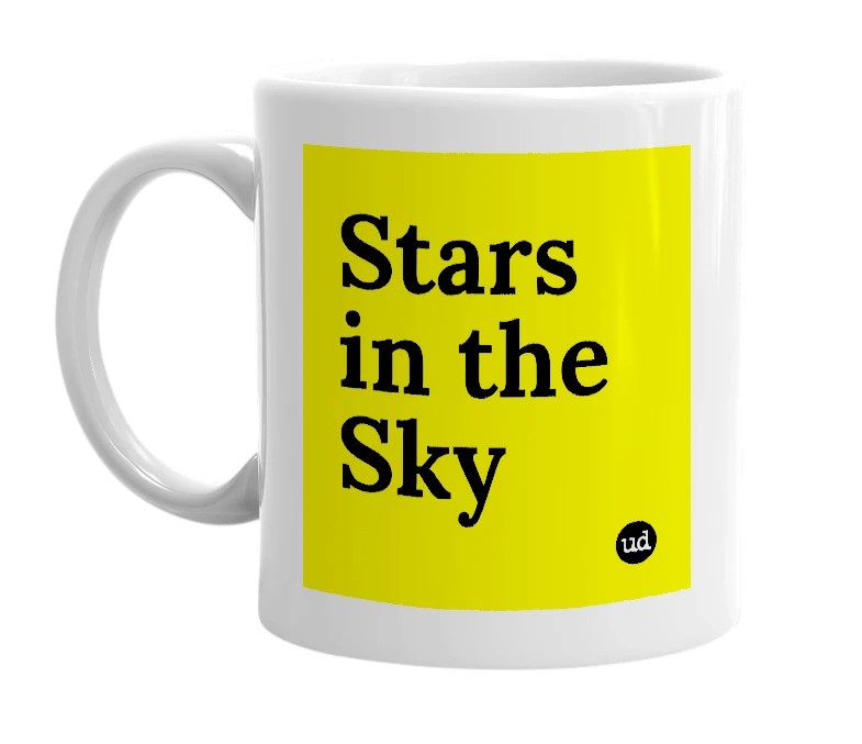 White mug with 'Stars in the Sky' in bold black letters