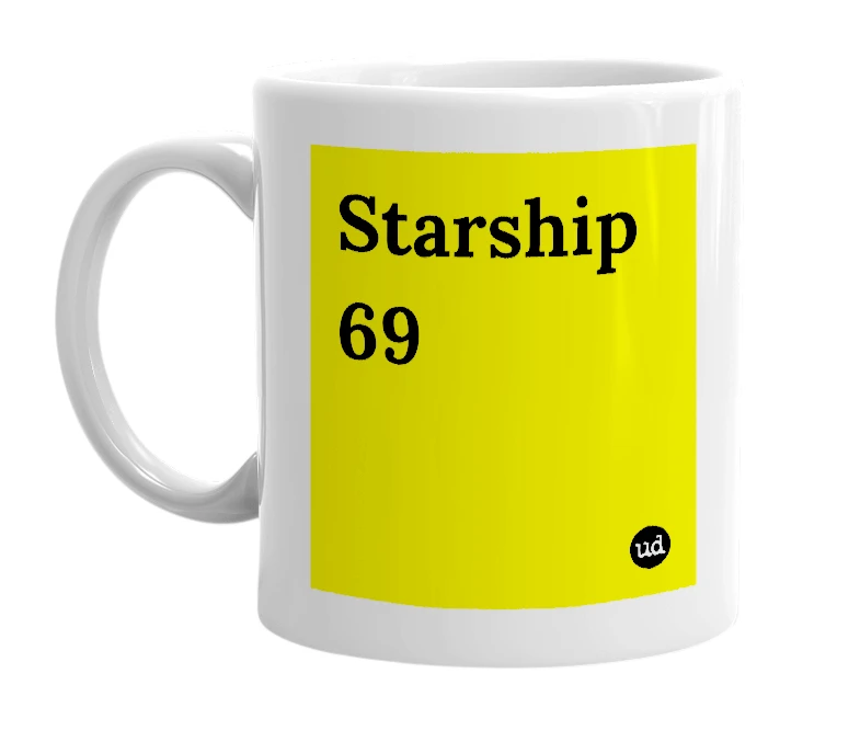 White mug with 'Starship 69' in bold black letters