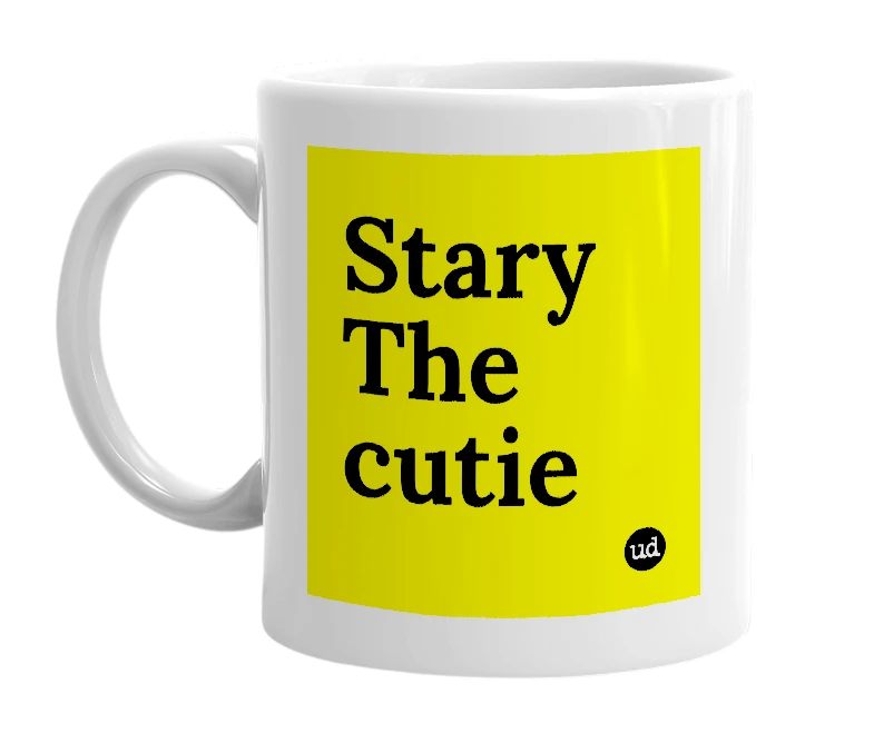 White mug with 'Stary The cutie' in bold black letters
