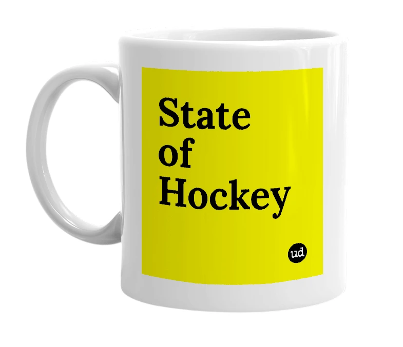 White mug with 'State of Hockey' in bold black letters