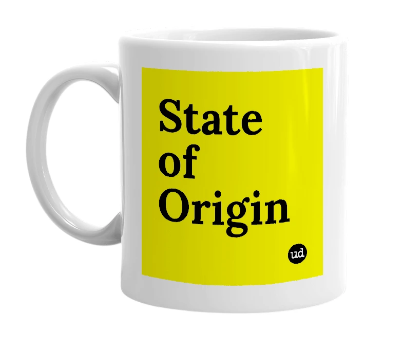 White mug with 'State of Origin' in bold black letters