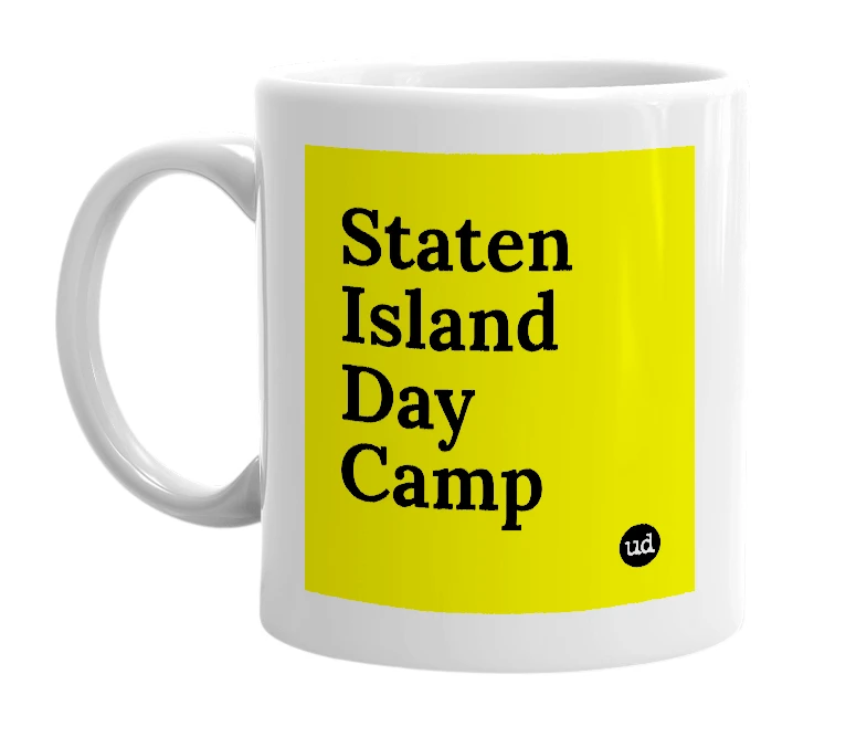 White mug with 'Staten Island Day Camp' in bold black letters