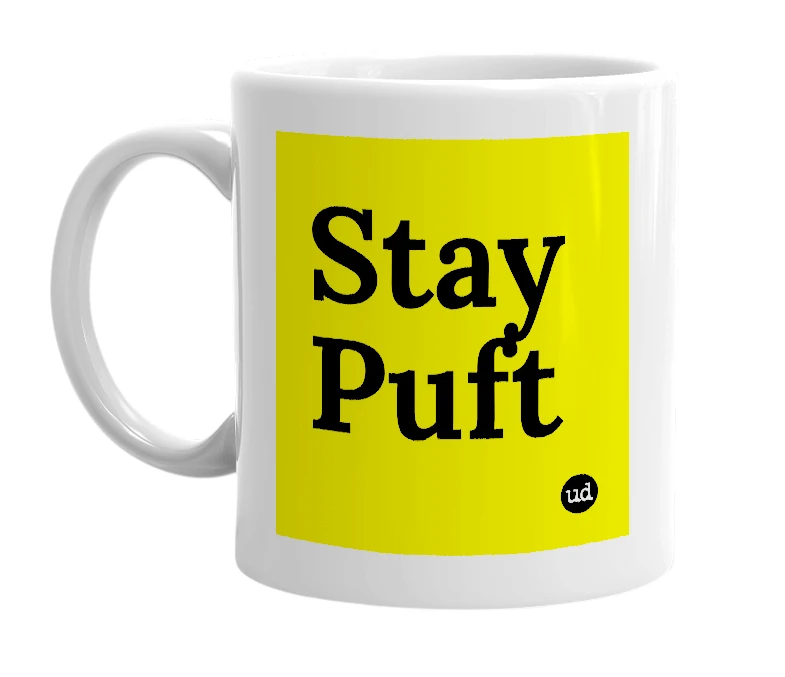 White mug with 'Stay Puft' in bold black letters