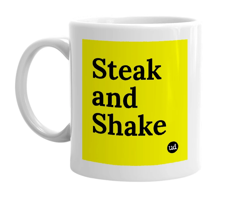 White mug with 'Steak and Shake' in bold black letters