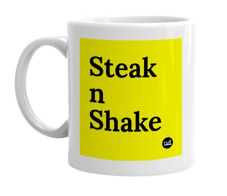 White mug with 'Steak n Shake' in bold black letters