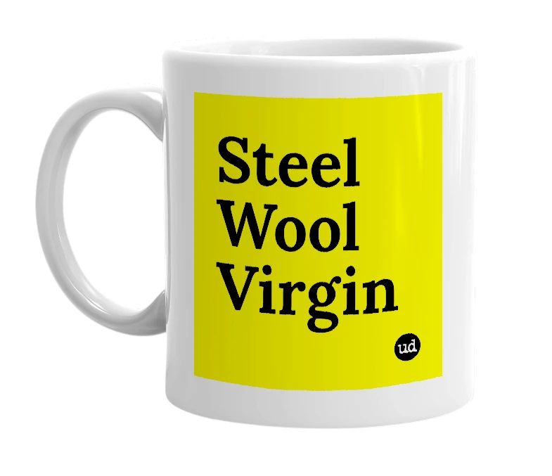 White mug with 'Steel Wool Virgin' in bold black letters