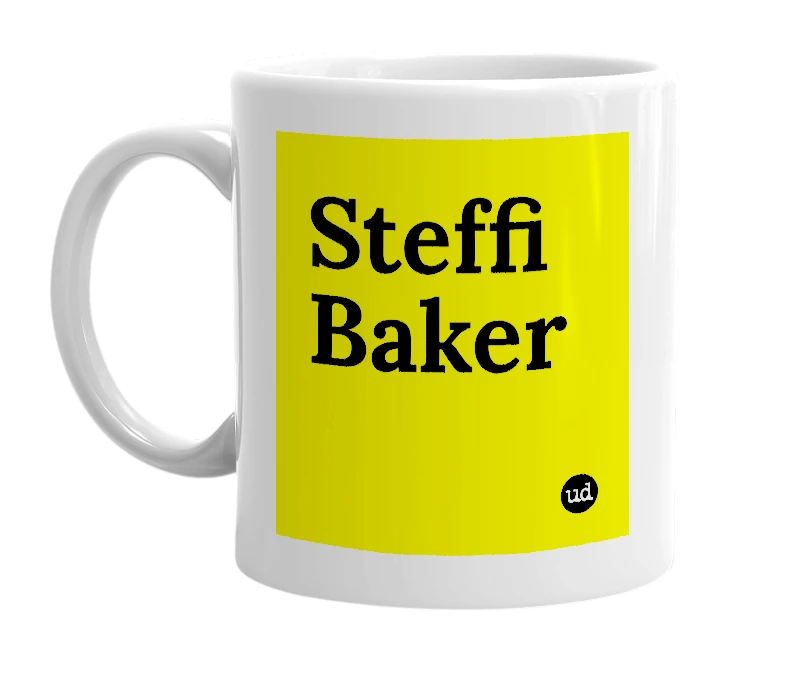 White mug with 'Steffi Baker' in bold black letters