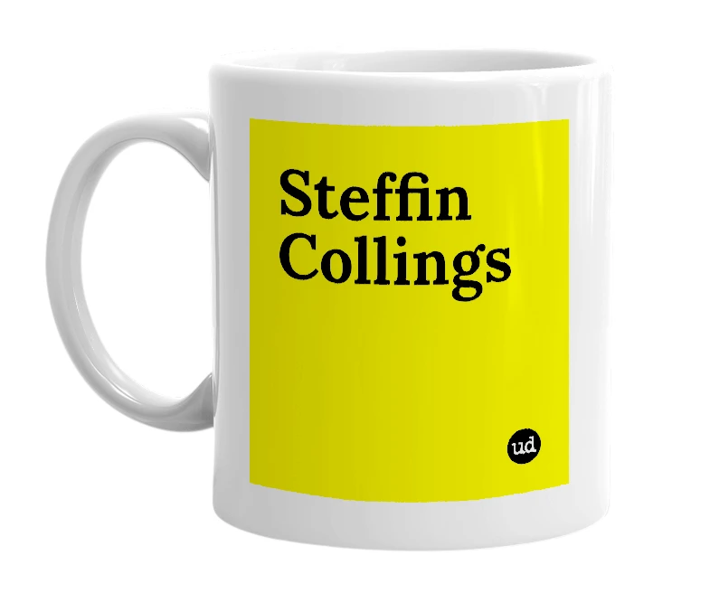 White mug with 'Steffin Collings' in bold black letters