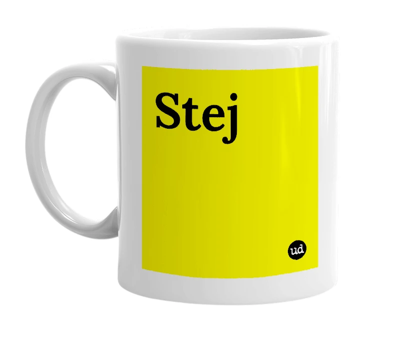 White mug with 'Stej' in bold black letters