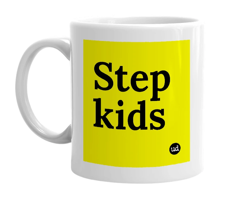White mug with 'Step kids' in bold black letters