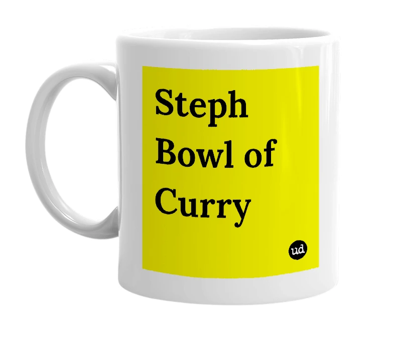 White mug with 'Steph Bowl of Curry' in bold black letters