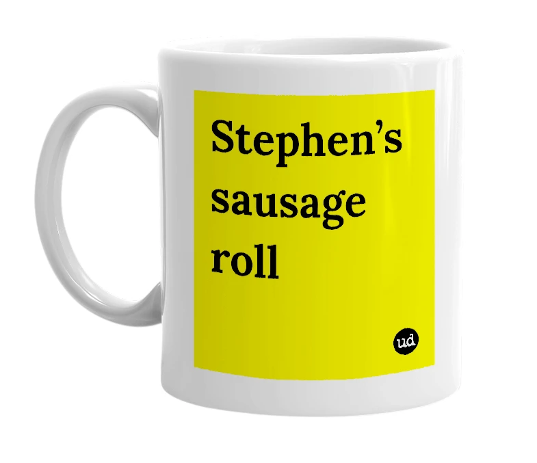 White mug with 'Stephen’s sausage roll' in bold black letters