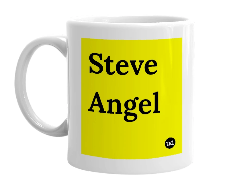 White mug with 'Steve Angel' in bold black letters