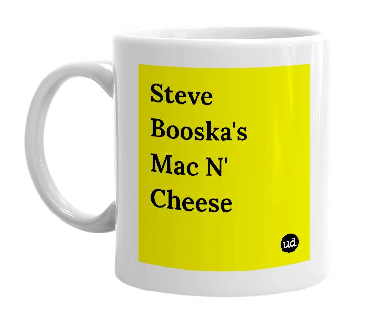 White mug with 'Steve Booska's Mac N' Cheese' in bold black letters