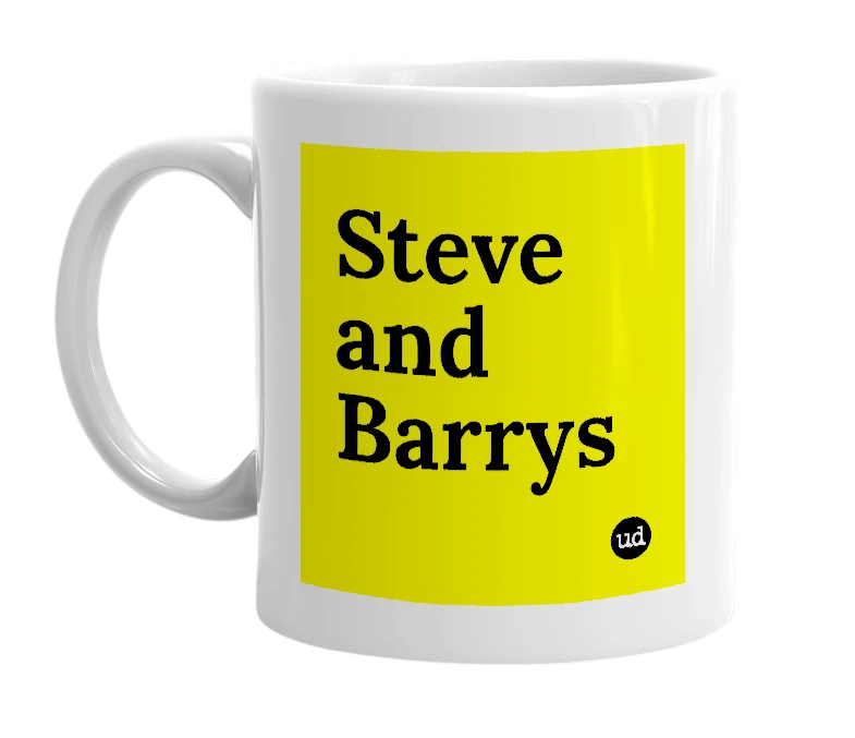 White mug with 'Steve and Barrys' in bold black letters