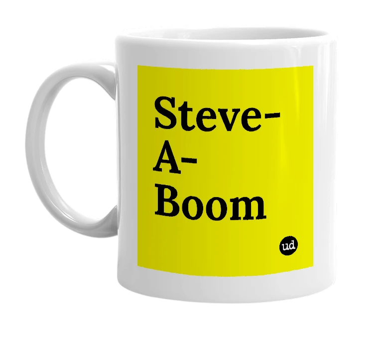 White mug with 'Steve-A-Boom' in bold black letters