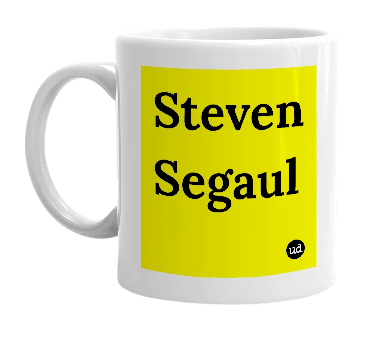 White mug with 'Steven Segaul' in bold black letters