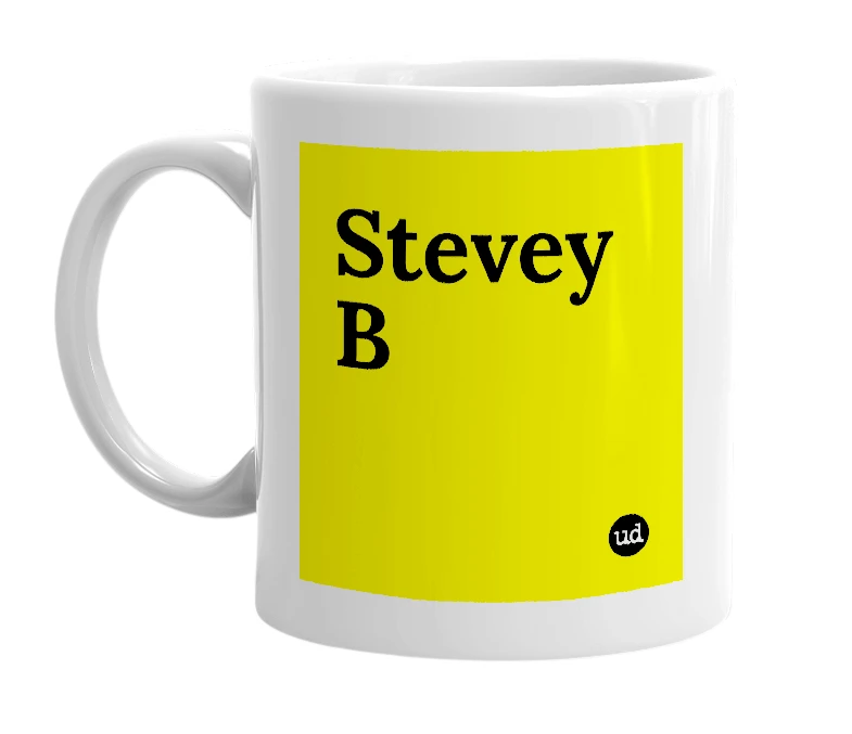 White mug with 'Stevey B' in bold black letters