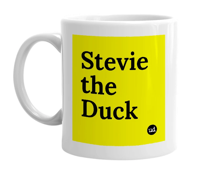 White mug with 'Stevie the Duck' in bold black letters