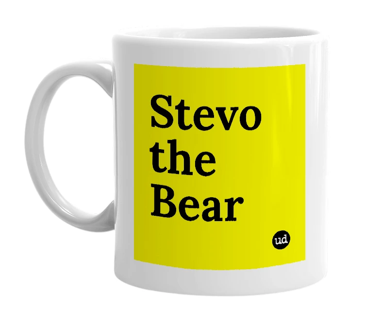 White mug with 'Stevo the Bear' in bold black letters