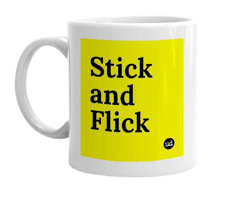 White mug with 'Stick and Flick' in bold black letters