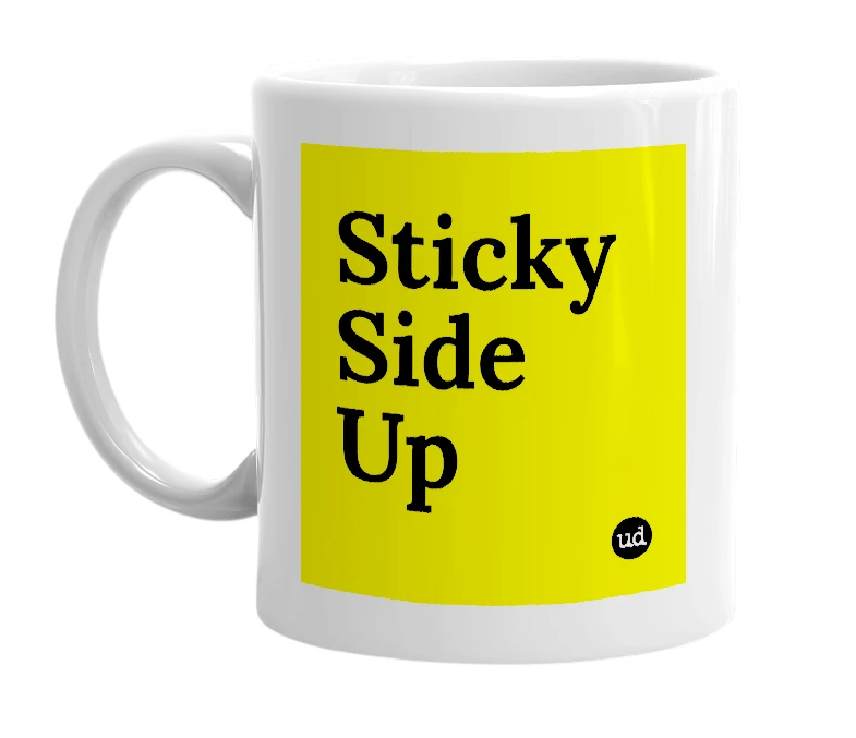 White mug with 'Sticky Side Up' in bold black letters