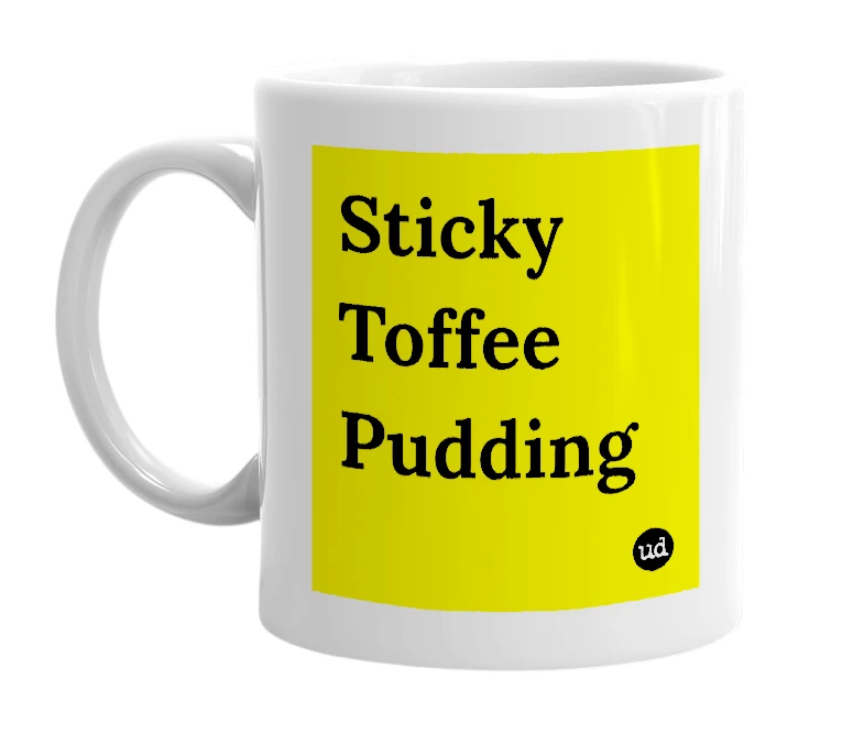 White mug with 'Sticky Toffee Pudding' in bold black letters