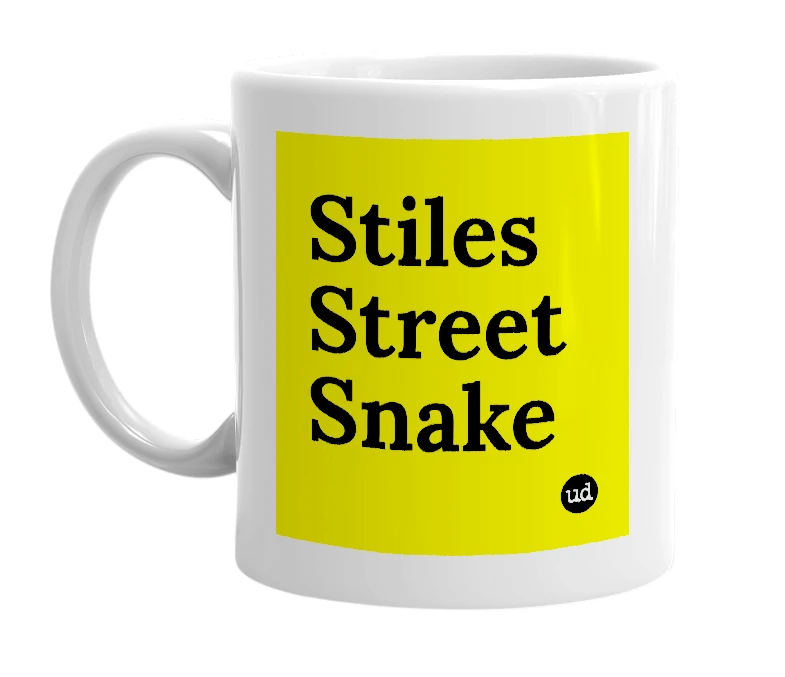 White mug with 'Stiles Street Snake' in bold black letters