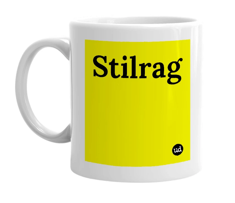 White mug with 'Stilrag' in bold black letters