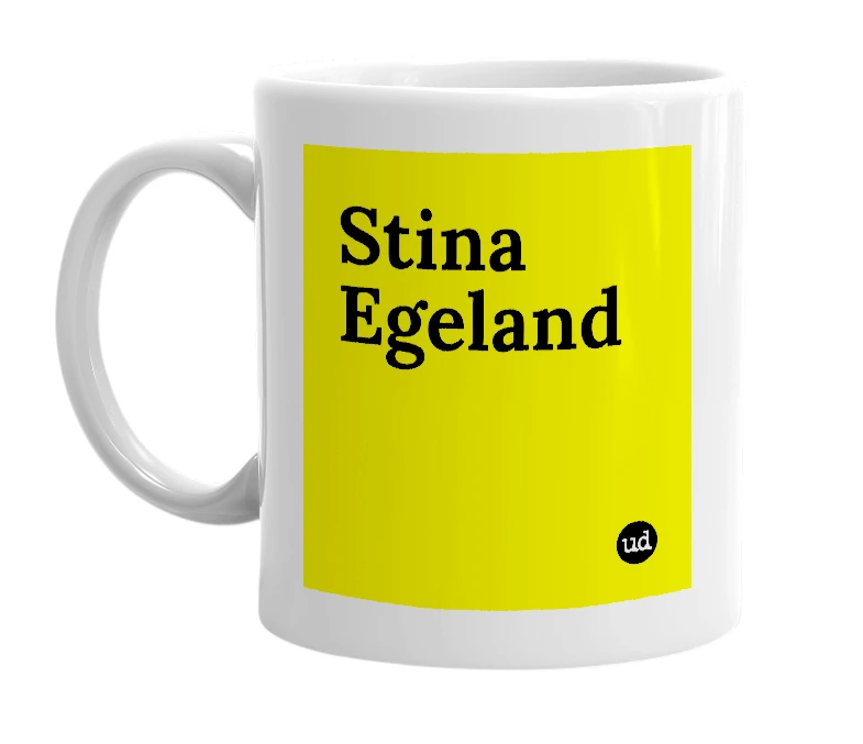 White mug with 'Stina Egeland' in bold black letters