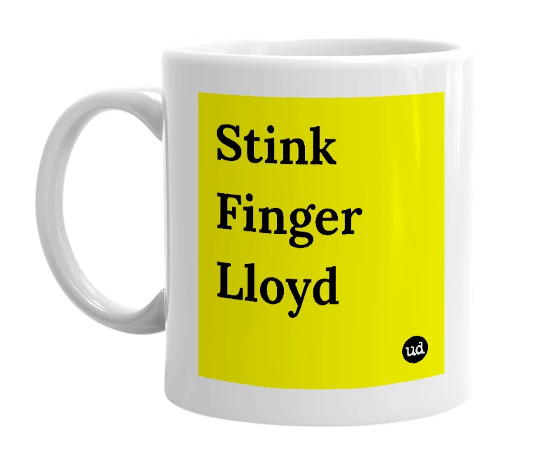 White mug with 'Stink Finger Lloyd' in bold black letters