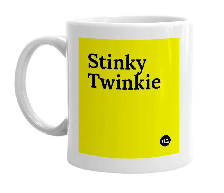 White mug with 'Stinky Twinkie' in bold black letters
