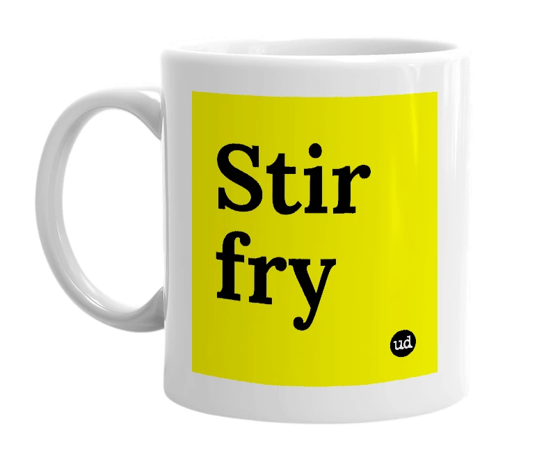 White mug with 'Stir fry' in bold black letters