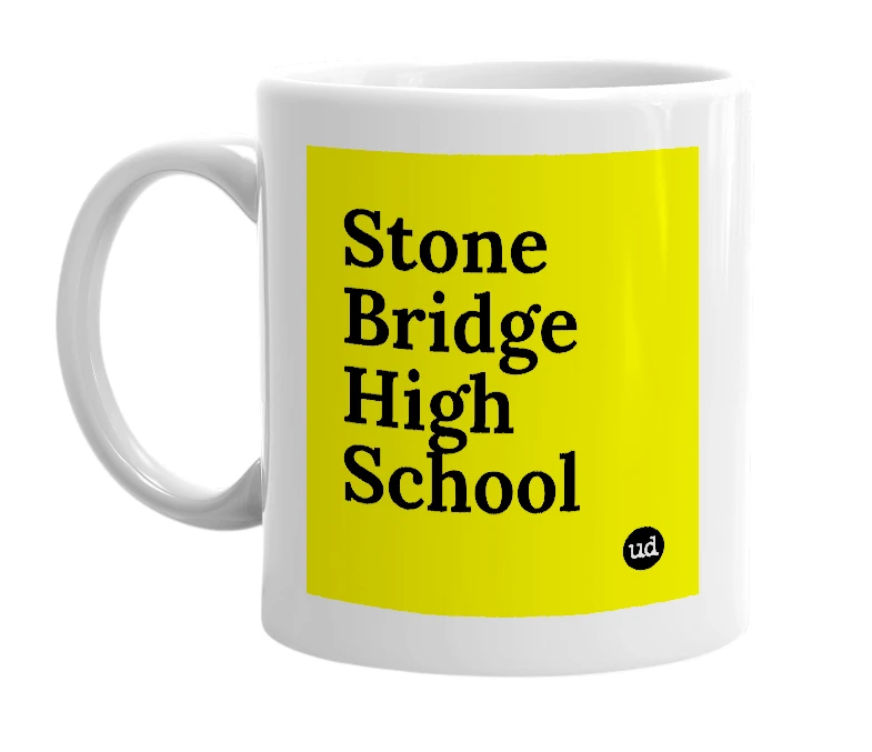 White mug with 'Stone Bridge High School' in bold black letters