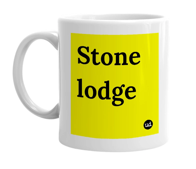 White mug with 'Stone lodge' in bold black letters