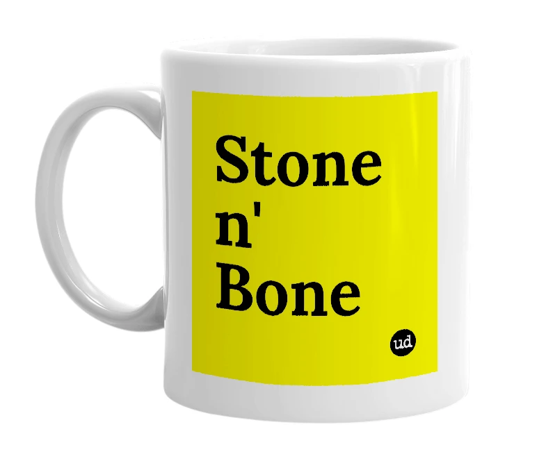 White mug with 'Stone n' Bone' in bold black letters