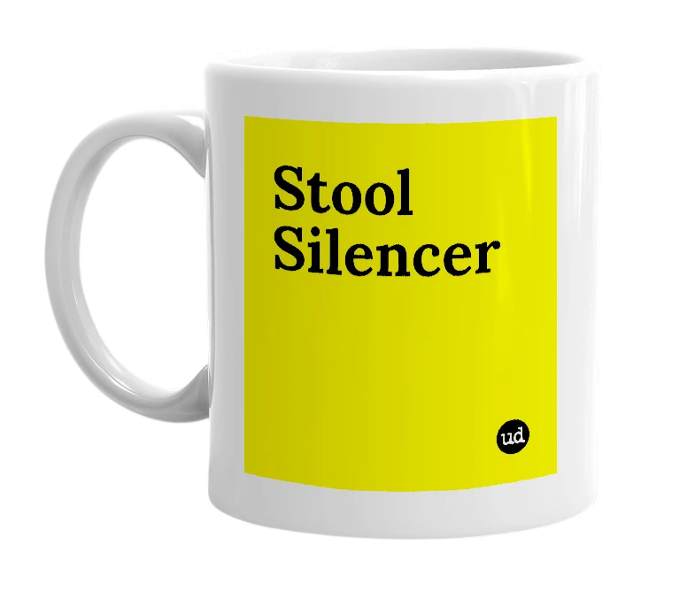 White mug with 'Stool Silencer' in bold black letters