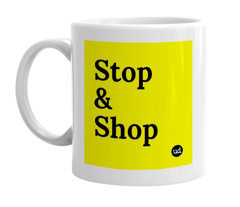 White mug with 'Stop & Shop' in bold black letters