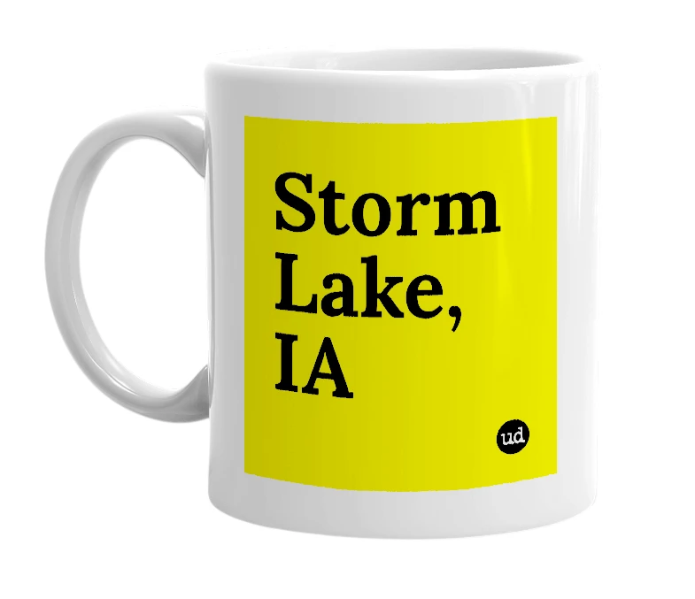 White mug with 'Storm Lake, IA' in bold black letters