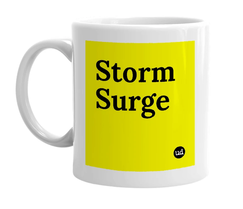 White mug with 'Storm Surge' in bold black letters