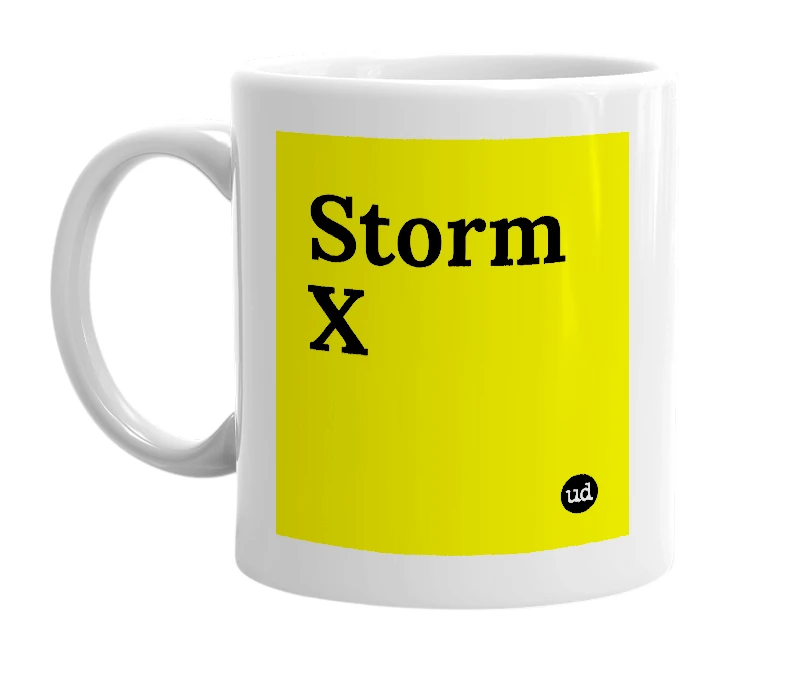 White mug with 'Storm X' in bold black letters